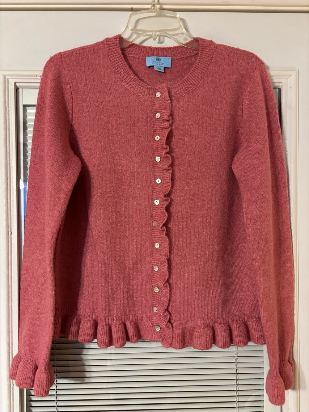 CeCe Ruffle-Trim Button Cardigan